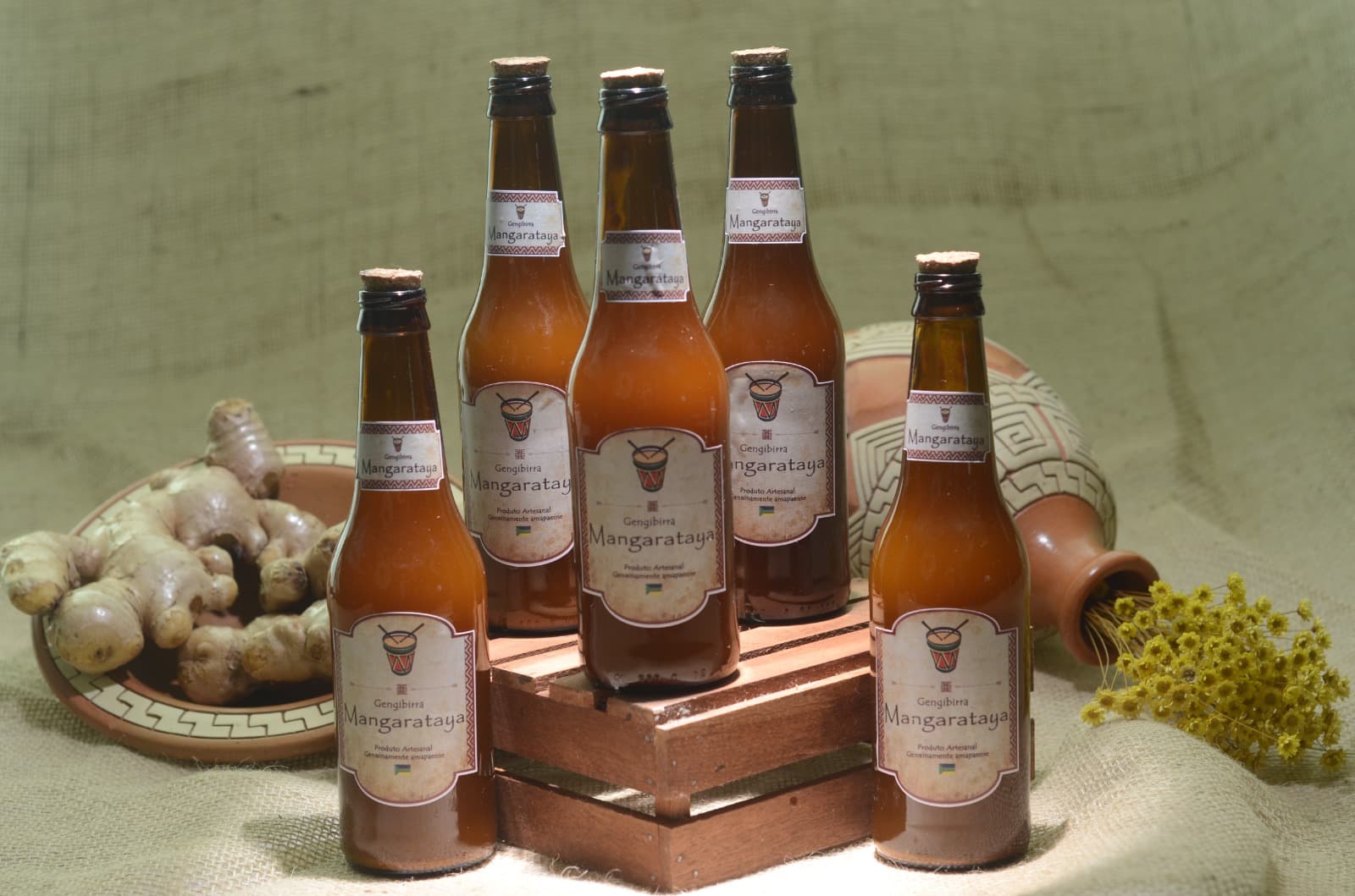 Gengibirra bottles with fresh ginger